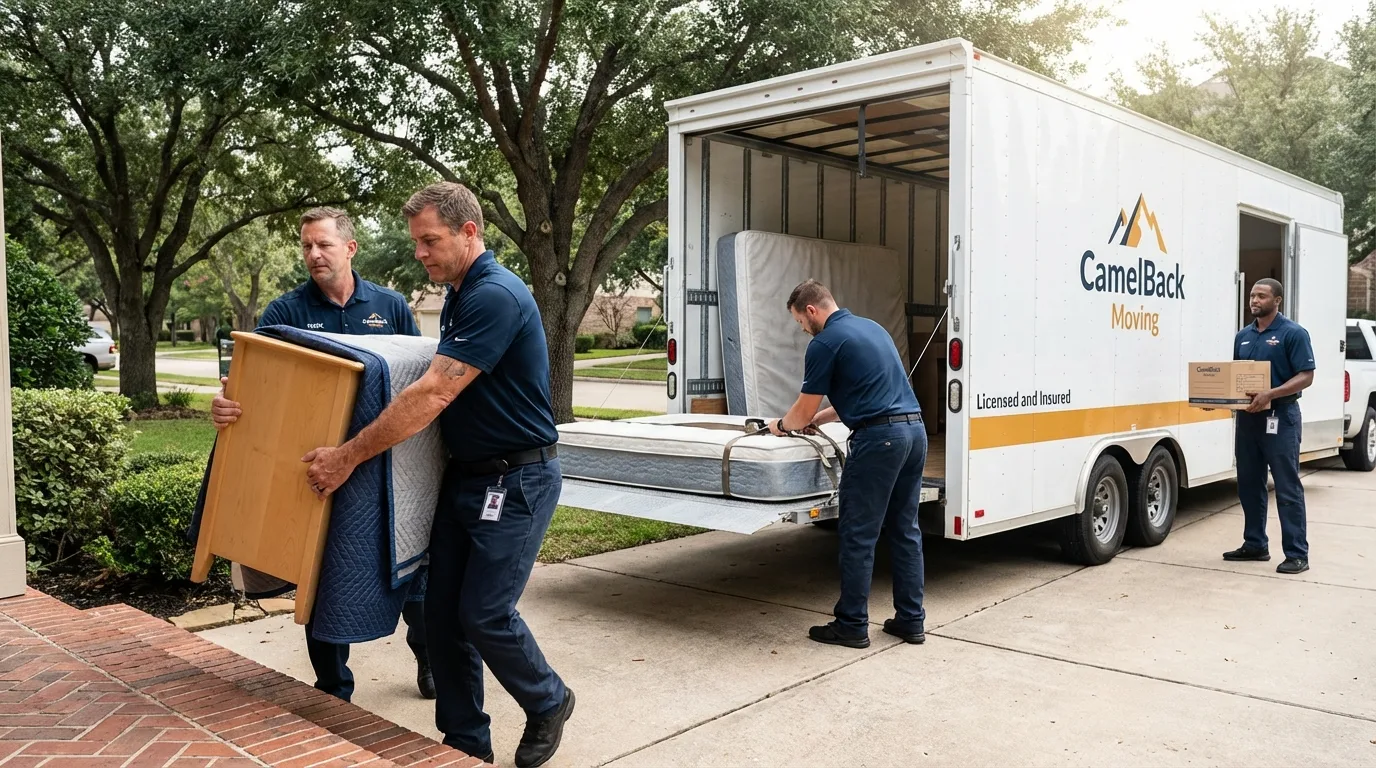 Crew loading residential truck for cross-state move from Saint John, IN