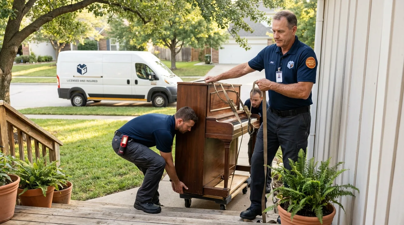 Licensed piano movers securing grand piano in Saint John, IN