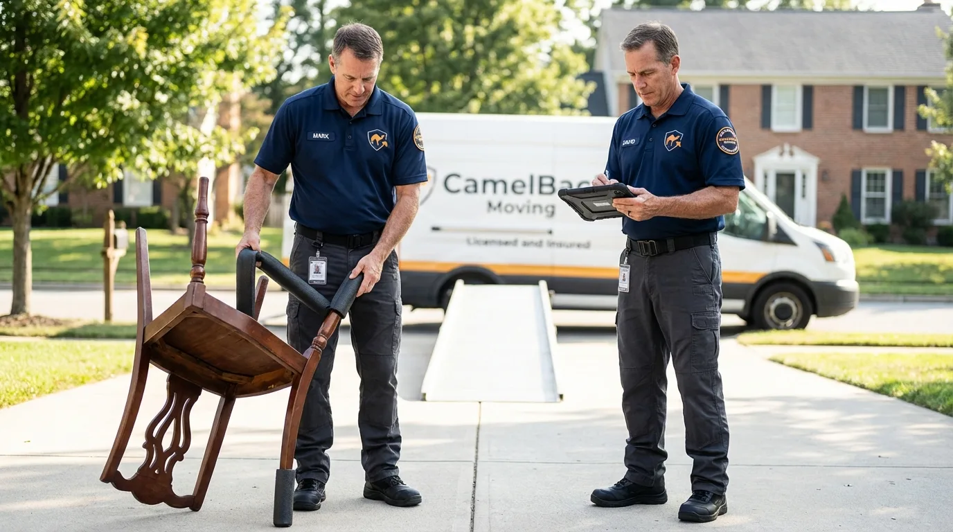 Movers inspecting furniture for damage prevention before loading in Saint John, IN